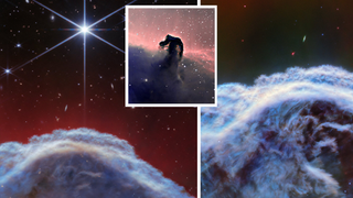 (Left) image of part of the Horsehead Nebula as seen by JWST's NIRCam (Near-InfraRed Camera).  (Right) another area visualized by the JWST MIRI (Mid Infrared Instrument).