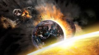 Graphic showing the Earth splitting in two and the Moon being destroyed.